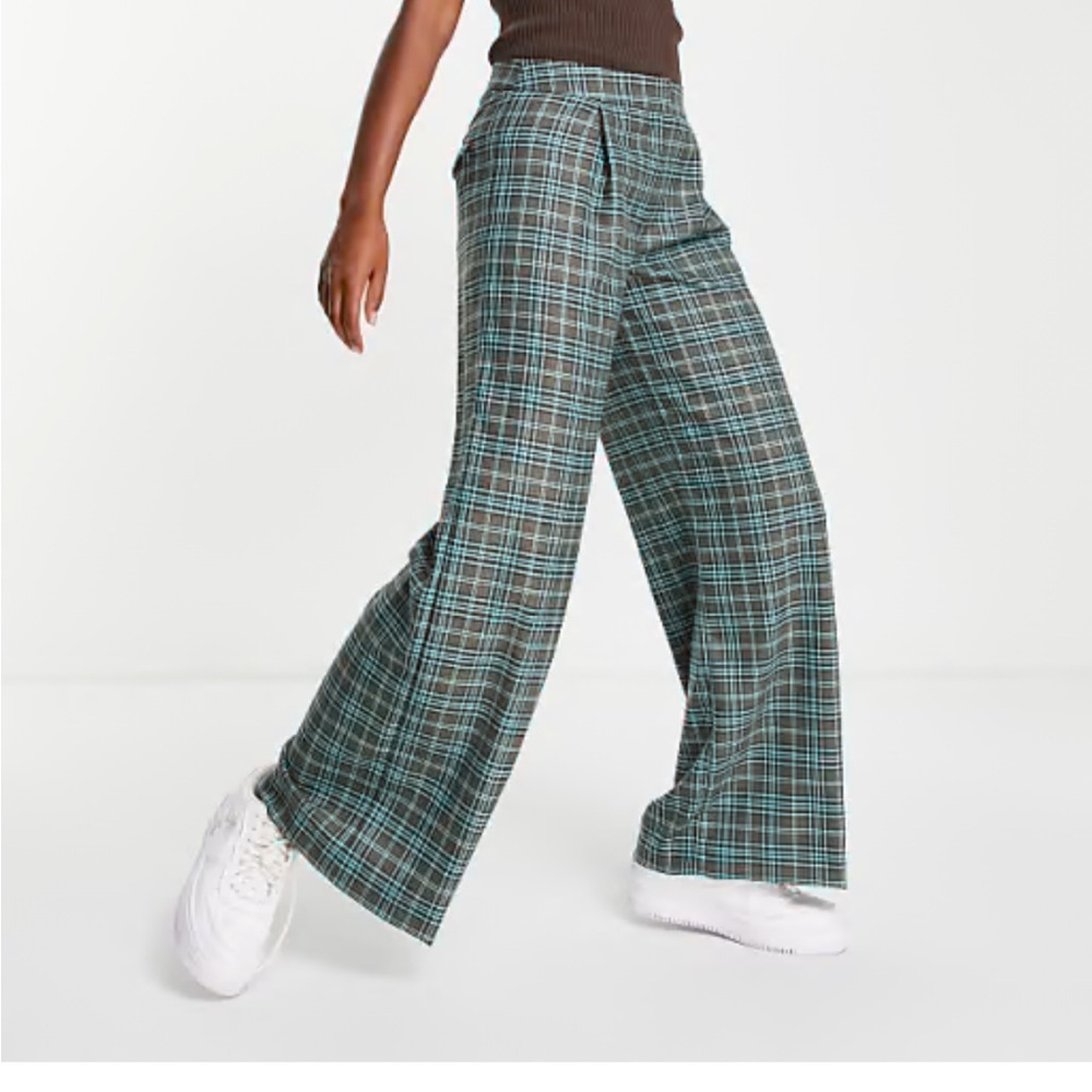 NWT ASOS High Break Point Plaid Wide-Leg Pants Green Brown Check 12